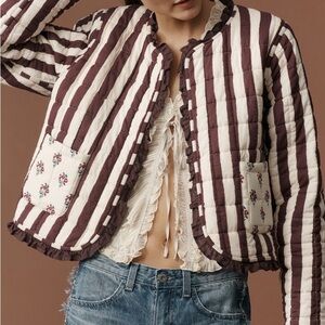 Anthropologie Burgundy and Cream Striped Puffer Jacket